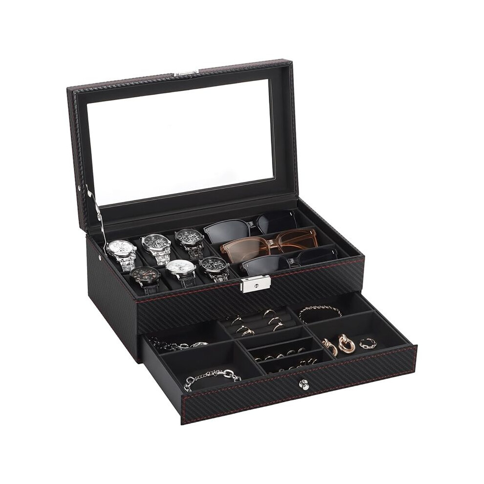 Watch Box, Mens Jewelry Box with 6 Slot Watch Case & 3 Slot Sunglasses Organizer, 2 Layers Lockable Watch Holder