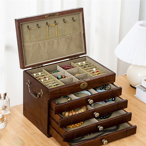 Vintage Large Capability Multi Layer Jewelry Box for Jewelry Storage Light Luxury Rectangular Storage Wooden Box 2