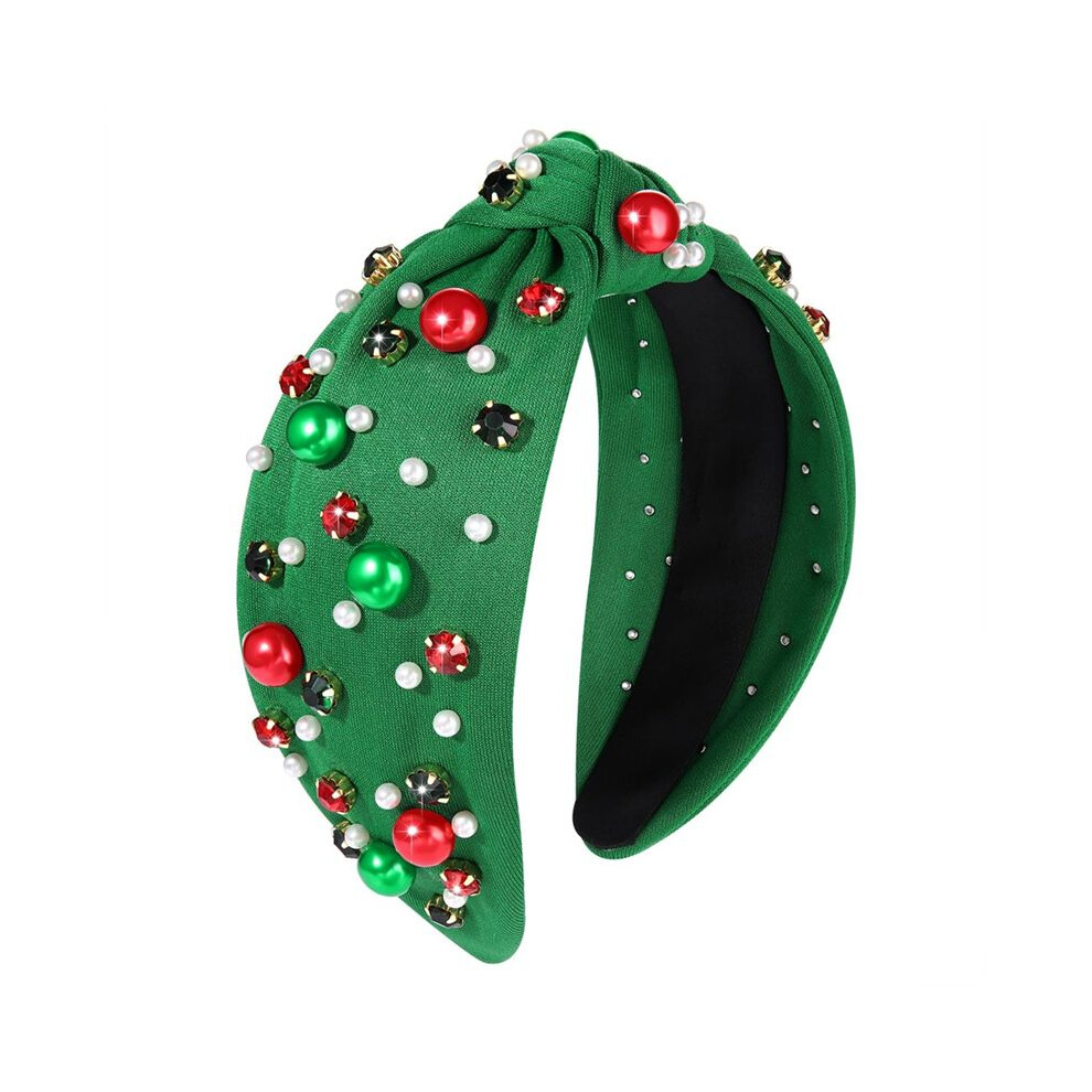 Unisex White,Green,Red Christmas Headband For Women Pearl Knotted Headband Xmas Red Green Pearl Rhinestone Crystal Jeweled Hairband Green