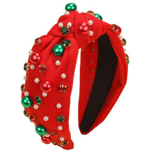 Kersthoofdband voor Vrouwen met Parelknoop, Kerstrood, Groene Parel, Strass-Kristallen Juwelen, Haarband