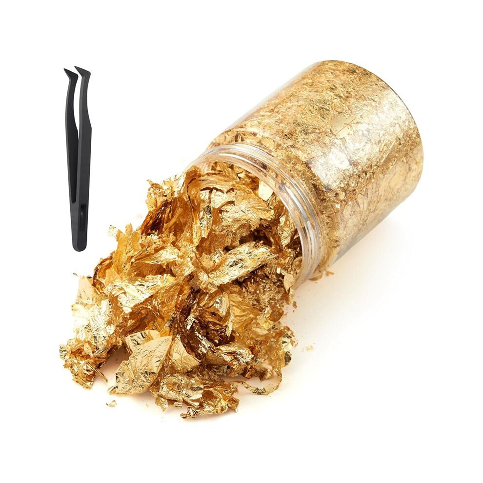 Gold Foil Leaf Flakes With Tweezers,10G Metallic Foil Flakes For Resin, With Tweezers, Imitation For Nail Art