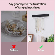 2pcs Hanging Jewelry Organizer Wall Mounted, Modern Jewelry Display with 28 Hooks, Decorative Necklace Holder Black