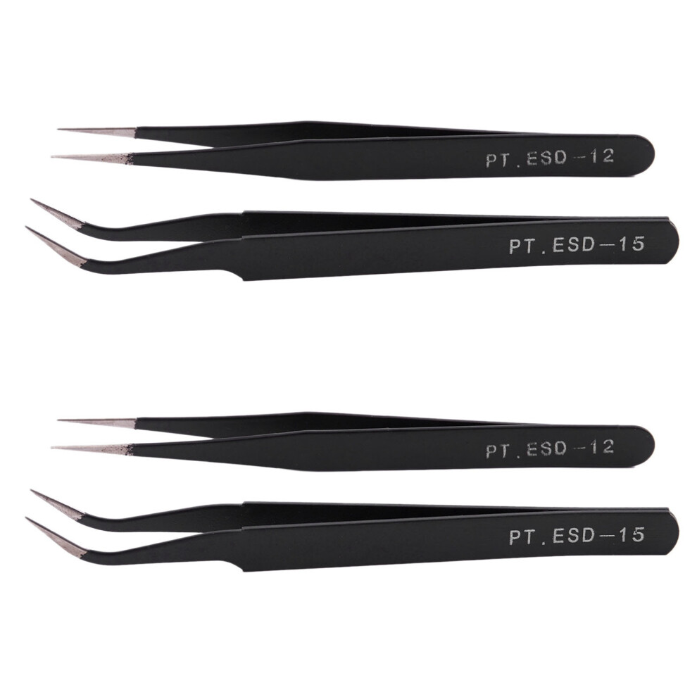 4X Nail Art Rhinestones Eyelashes Extension Straight & Curved Tweezers Tool Set-Black