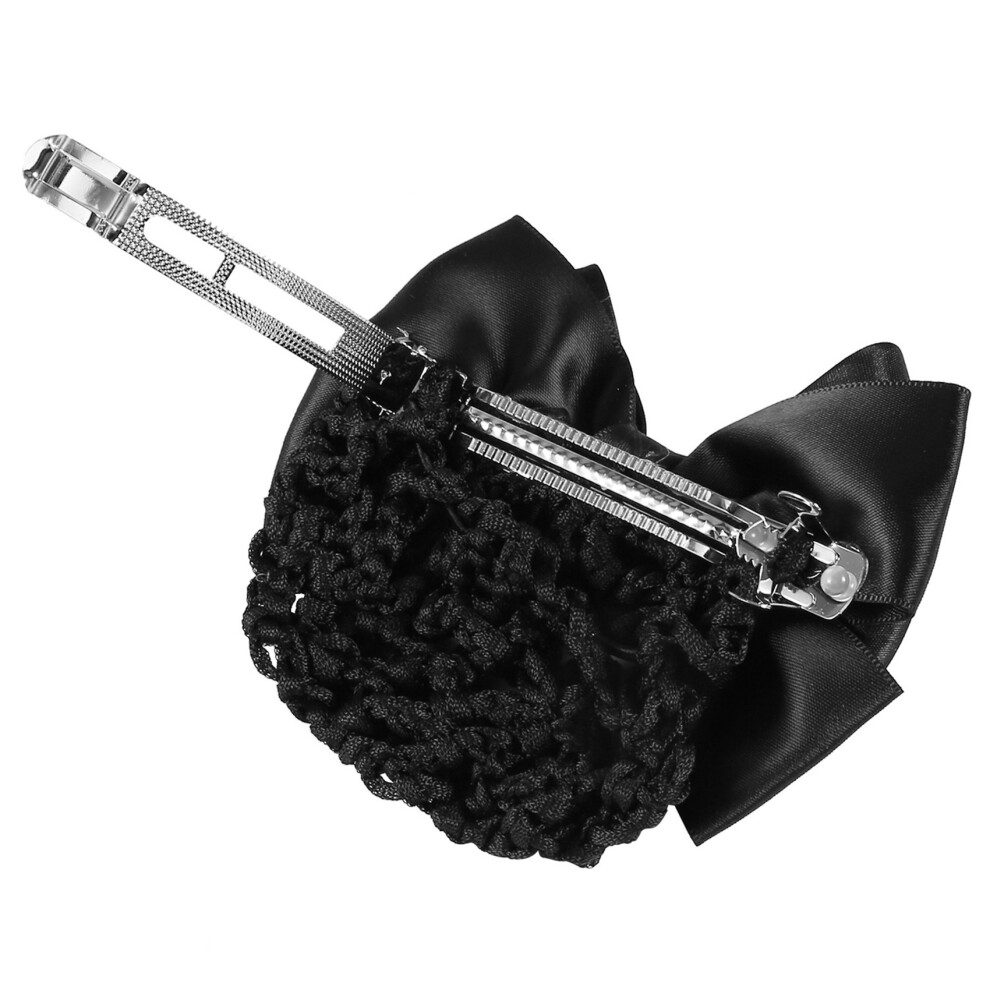 2X Black Bowknot Decor Snood Net Barrette Hair Clip Bun Cover