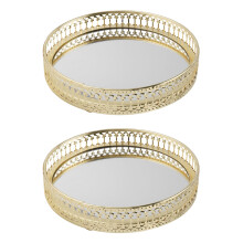 2X Golden Iron Jewelry Storage Tray Glass Mirror Makeup Manager Desktop Cosmetic Dessert Decorative Display Tray 17.5cm