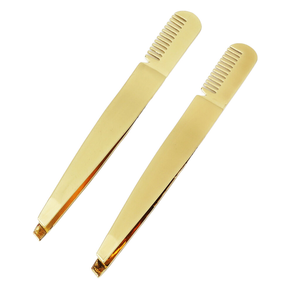 Golden 2Pcs Slant Pointed Tweezer Comb Stainless Steel