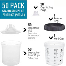 Paint Sprayer Mixing Cup,1.0 System(Not 2.0)-50Pcs 20 Ounce Kit -50 Cup Liners,50 Lids with Strainer,1 Hard Cup,20 Plugs
