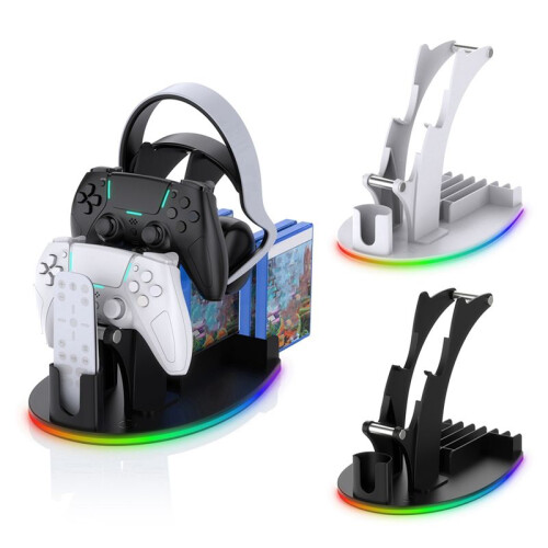 For PS5 Desktop Storage Stand Controller Stand with RGB Lights Headphone/Handle/Remote/Disc Desktop Storage Stand White 2