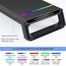 4USB PC-Monitorstandaard, Toetsenbordopslagruimte, Laptopmonitorstandaard met USB 2.0 Snelladen en RGB-Licht