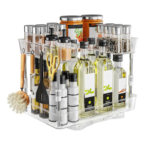 Double-Layer Rotating Rack Multi-Function Rotating Rack for Home Kitchen Height-Adjustable Rack with Hooks Two-Pack 2