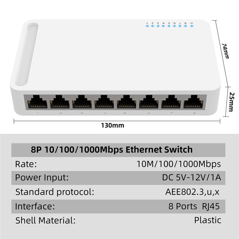 8 Port Gigabit 10/100/1000M Home Network Hub with Power Cable, Office ...
