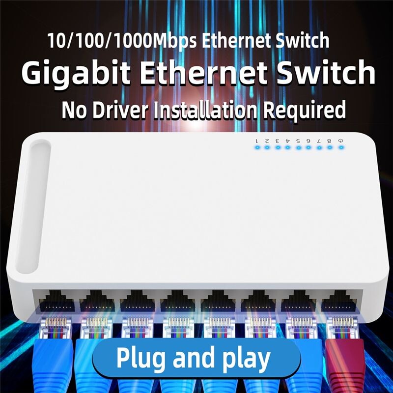 8 Port Gigabit 10/100/1000M Home Network Hub with Power Cable, Office ...