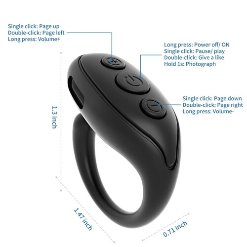 Remote Control Page Turner, Cell Phone Camera Shutter Selfie Remote,  Ring Remote for   -Black 2