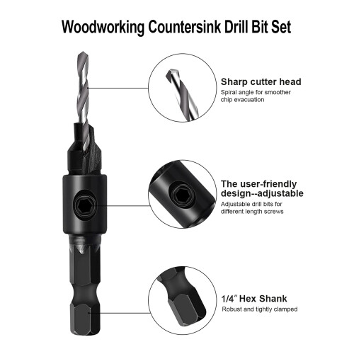Countersink Drill Bit Set, Woodworking Chamfer Adjustable Countersink Tools  Counter Sink Holes with 1/4inch Hex Shank 2