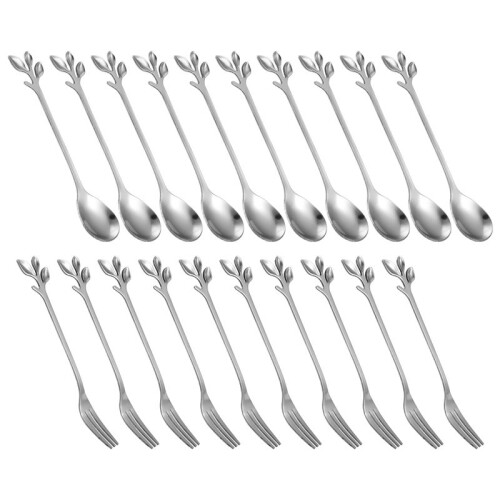 Dessert Spoon Fork Set,20 Pcs 4.7 Inch Cake Fork,Coffee Spoon, Silver Leaf Fruit Fork,(10 Spoon + 10 Fork)
