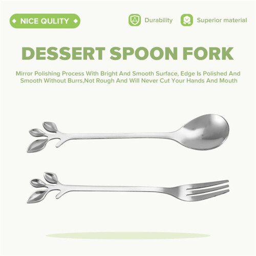 Dessert Spoon Fork Set,20 Pcs 4.7 Inch Cake Fork,Coffee Spoon, Silver Leaf Fruit Fork,(10 Spoon + 10 Fork) 1