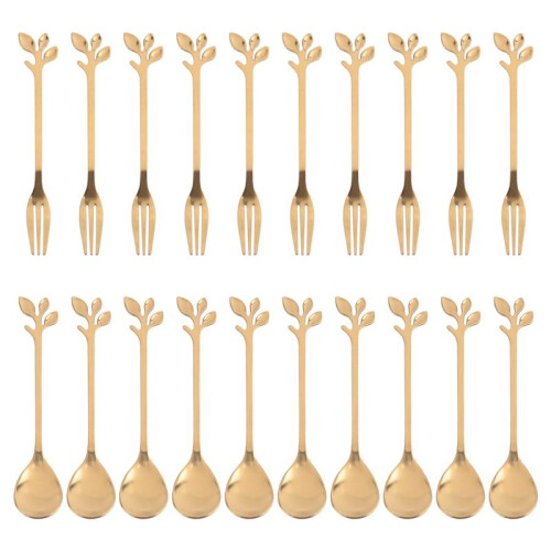 20PCS Dessert Spoon and Fork Set Cake Fork Coffee Spoon  Fruit Fork Stainless Steel -Gold