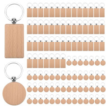 100Pcs DIY Blank Wooden Key Chain Rectangle Heart Round Ellipse Carving Key Ring Wood Key Chain Ring