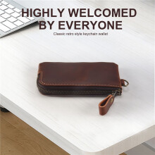 Genuine Leather Men Key Wallet,Zipper Housekeeper Pouch Holder,Keychain Crazy Horse Coin Purse