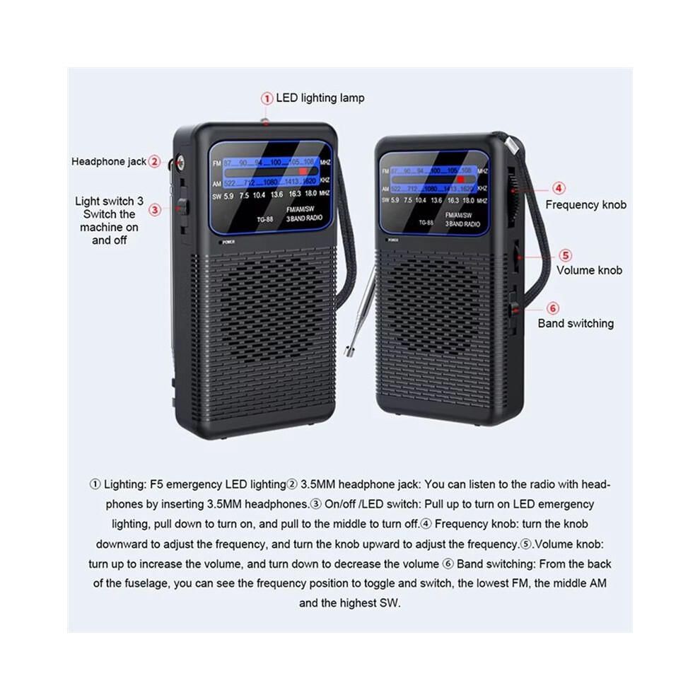 Tg-88 Portable Am/Fm/Sw Radio Pocket Radio With Led Flashlight Small Radio For Outdoor Camping For Seniors Elderly 6033335263608