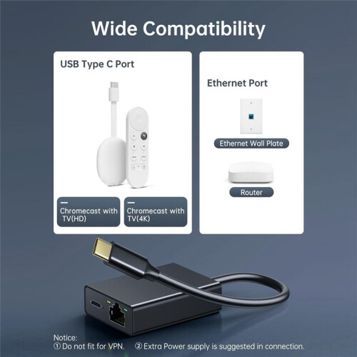 Adaptador Ethernet USB-C 2 em 1 1000 Mbps RJ45 para Conversor de Rede para Chromecast com  TV Conecte e Use Cinza 1