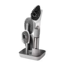 Soap Dispensing Dish Brush with 4 Interchangeable Heads, Leakproof Long Handle and Scraper