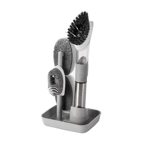 Soap Dispensing Dish Brush with 4 Interchangeable Heads, Leakproof Long Handle and Scraper