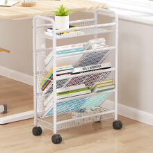 5 Tier Rolling Book Cart with Lockable Swivel Casters, Metal Mobile Bookshelf for Small Spaces, White