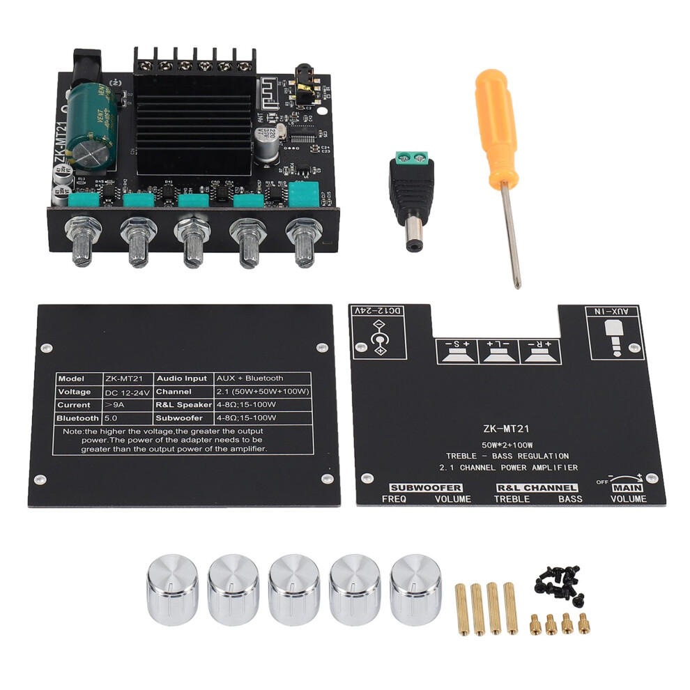 Zk-Mt21 2.1 Channel 5.0 Subwoofer Amplifier Board 50Wx2+100W Power Audio Stereo Amplifier Board Bass Amp Aux Black 4712872097359