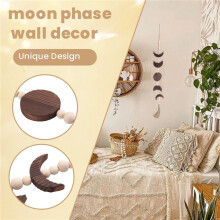 Wood Moon Phase Wall Hanging, Boho Farmhouse Beaded Moon Garland with Tassel Wall Decor,Brown