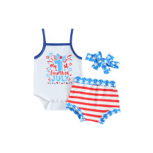 (12-18 Months, Light Blue) Ensemble été bébé fille : barboteuse sans manches lettres & étoiles, short rayé, bandeau.