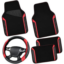 Coprivolante in pelle e tappetini in microfibra impermeabili, vestibilità universale per il 95% di berline/SUV, 14,5-15", antiscivolo, nero e rosso