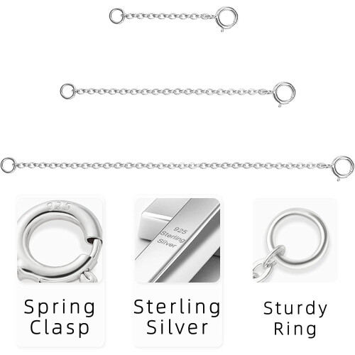 Conjunto de 3 Extensores de Corrente em Prata de Lei 925 para Colares e Pulseiras (1 polegada, 2 polegadas, 3 polegadas) 1