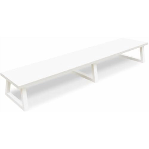 Suporte duplo branco para 2 monitores de até 42 polegadas, em madeira e metal, com espaço para armazenamento, compatível com PC/laptop.