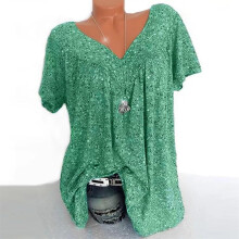 QLEICOM Damenbluse in Übergröße mit V-Ausschnitt, kurzen Ärmeln und Henley-Muster, Tunika-Top mit Blumenmuster, lockere Passform, Grün M