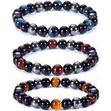 Kolmoissuojainen rannekoru, 8 mm parantava helmirannekoru, 3 kpl sininen punainen tiikerinsilmä obsidiaani hematiitti rannekoru naisille ja miehille