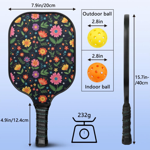 Σετ κουπιών Pickleball από fiberglass με λουλούδια, 2 μπάλες και τσάντα – Συμβατό με 2