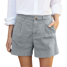 Casual broek voor dames, damesshorts, modieuze effen zomerse casual shorts met plooien, hoge taille, zakken en knoopsluiting, lichtblauw M