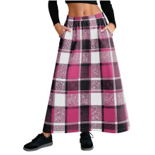 Női kockás, rugalmas derekú midi szoknya zsebekkel, 50% gyapjú/50% poliészter, magas derekú A-vonalú szoknya, plusz méret S-2XL, lezser