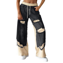 Dames jeans met een verwassen look en cropped hoodie, stretchstof in de taille met trekkoord en wijde pijpen, maat S-3XL. Casual jeans.