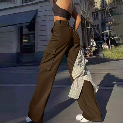 Γυναικείο μονόχρωμο παντελόνι cargo - Casual παντελόνι σε ίσια γραμμή με κλείσιμο με 2
