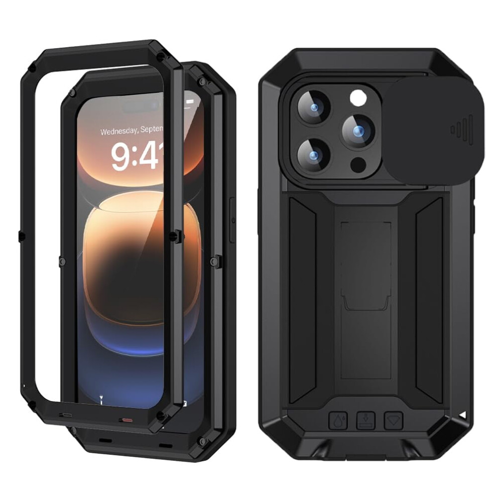 Compatible With Iphone 16 Pro Max Metal Case W/ Slide Camera Cover, Built-In Screen Protector, Kickstand, Military-Rugged Hybrid Armor 9180479720645
