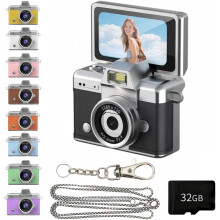 Mini Câmera Digital 2026 com LCD de 1,47", 1080P, Tela Articulada, Estilo Retrô para Chaveiro – 32GB/64GB, Preta, ideal para viagens e uso