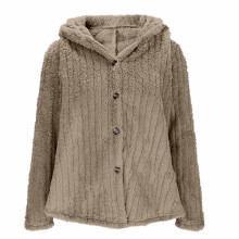 Damesjas van pluche fleece met capuchon, winterjas met drukknoopsluiting, effen kleur en thermische voering.