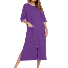 Dames nachtjurk met ritssluiting, effen kleur, ronde hals, korte mouwen, midi-lengte, twee voorzakken, elastische loungewear voor thuis (S-2XL)