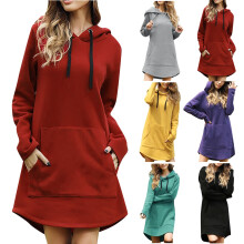 Modisches Damenkleid, lässiges Langarmkleid mit Tasche, Kapuzenpullover, Schwarz