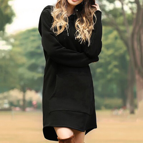 Modisches Damenkleid, lässiges Langarmkleid mit Tasche, Kapuzenpullover, Schwarz 2