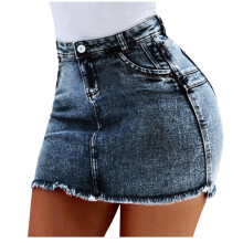 Damenmode Sommer Kurze Jeans Jeans Damen Taschen Waschung Denim Minirock, Ärmelloser kurzer Moderock Blau