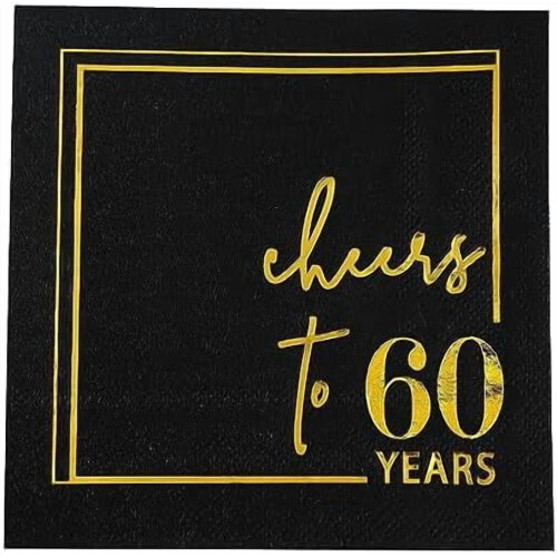 Χαρτοπετσέτες Κοκτέιλ Cheers to60Years - 50 τεμ., 3 στρώσεων, 5x5", μαύρο & χρυσό,