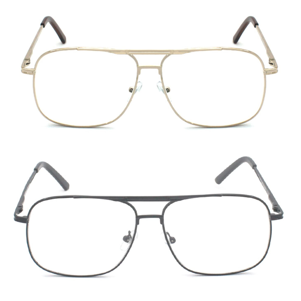 Men's Metal Frame Square Aviator Reading Glasses 2 Pack +2.25 Gold and Gunmetal with Case